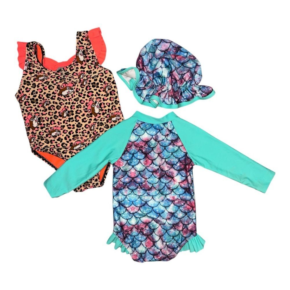 Girls Swimsuit Bundle | Mermaid Rash Guard & Hat + Buc-ee's Leopard  One Piece